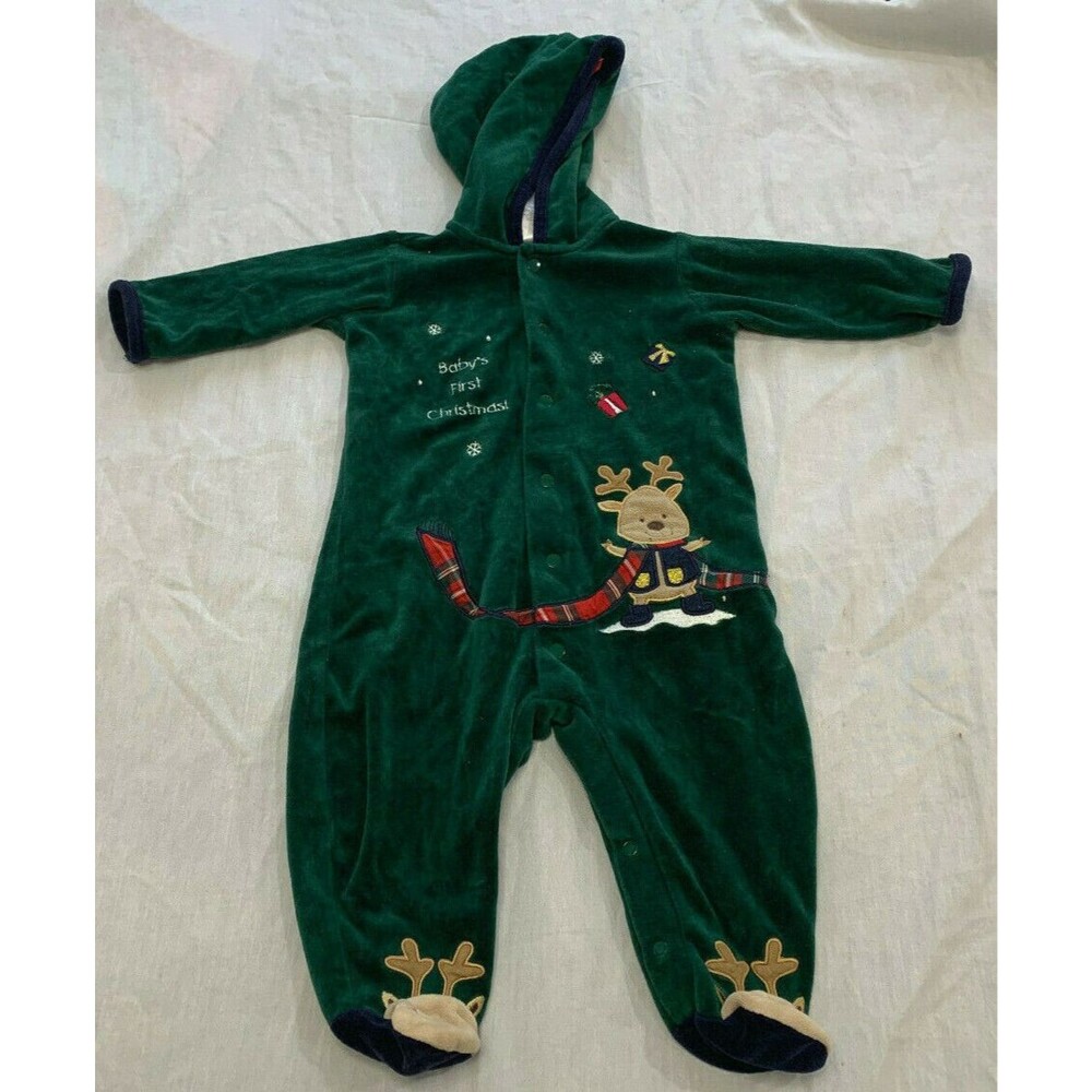 BRIGHT FUTURE BOYS ONE PIECE ROMPER HOODED VELOUR CHRISTMAS OUTFITS SIZE 6-9 MON